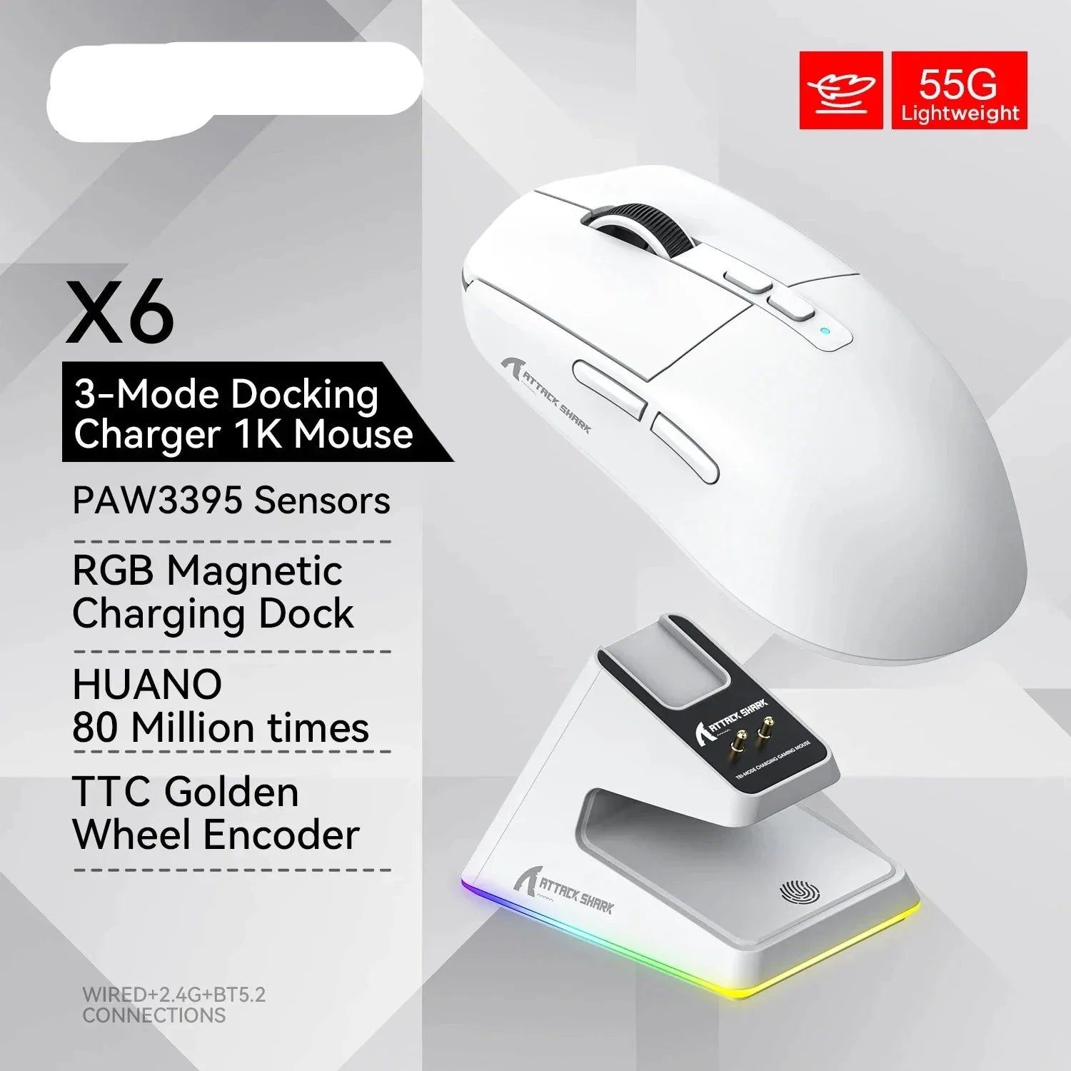 NNEOBA Tri-Mode RGB Gaming Mouse with Magnetic Charging Base